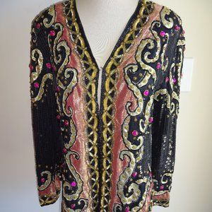 NOS Womens Vintage 1980s/1990s Black Sequin Pure Silk Jacket M Rhinestones Lined